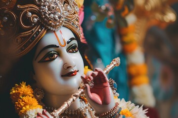 Hindu deity statue or ornament - Lord Krishna, Radha or another God - surrounded by flowers. Fictional Character Created By Generated By Generated AI.