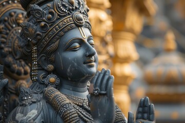 Deity Statue Praying - Golden Hindu Goddess or God. Fictional Character Created By Generated By Generated AI.