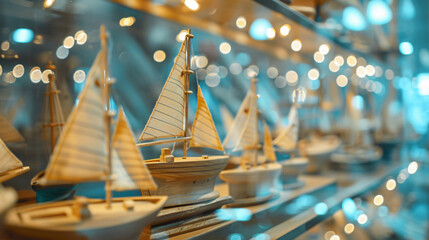 Decoration of a showcase with wooden toy sailboats.