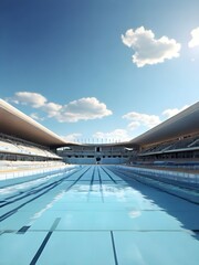 photo realistic of an olympic swimming pool, outdoor, with view of a blue sky, cinematic photography, 8K, HD, realistic render