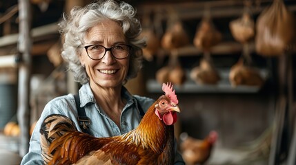 Portrait of a middle aged woman holding chicken in her lap in front of her farm with a blurry backdrop and a space for text or product, Generative AI. - obrazy, fototapety, plakaty