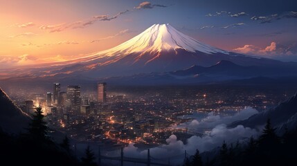 Mount Fuji in the twilight: a stunning anime-style illustration of Japan's iconic volcano from a...