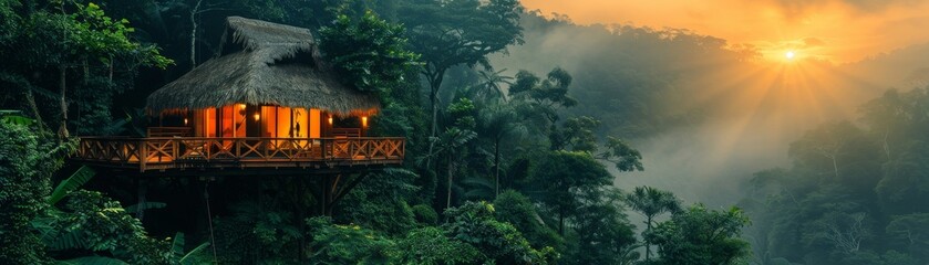 Eco-tourism, treehouse lodge in dense jungle, birds chirping - obrazy, fototapety, plakaty
