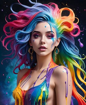 A striking portrait of a woman with rainbow-hued hair, each strand infused with the vibrant energy of a spectrum of colors. AI generation