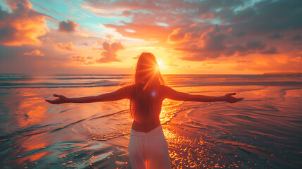 A woman on vacation with open arms on the beach at sunset Generative AI Illustration