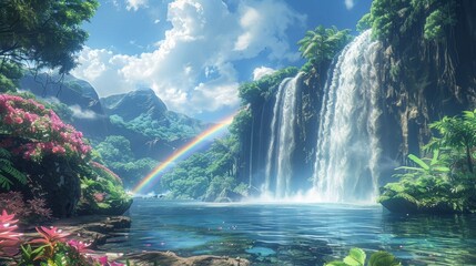 Hidden gem: waterfall cascades in lush forest, revealing a rainbow amidst mist - obrazy, fototapety, plakaty