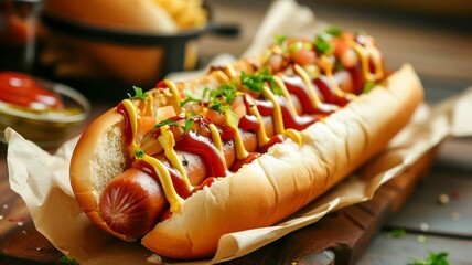 an artificial intelligence image of a delicious hotdog - obrazy, fototapety, plakaty