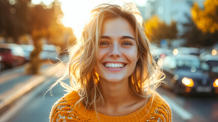 A beautiful young woman happy and smiling in the middle of a city Generative AI Illustration - obrazy, fototapety, plakaty
