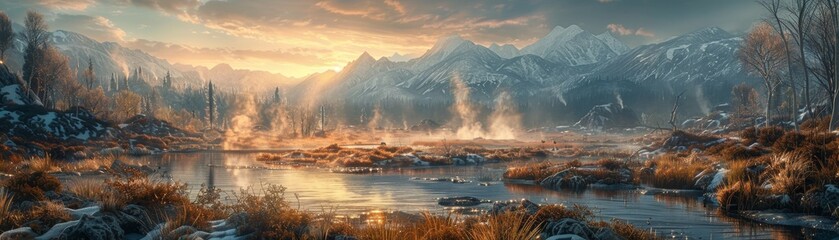 In twilight, geothermal hot springs showcase natural wonder with steam rising gracefully - obrazy, fototapety, plakaty