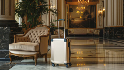 Elegant baggage in lobby of quiet luxury historic hotel. Baggage integrates in charm of hotel adding touch of modern elegance to timeless setting