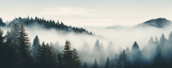 Fototapeta na wymiar Foggy mountain in wide banner shape. Mystic fog morning nature scenery.