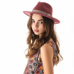 Pretty Young Woman in Fedora Hat and Printed Dress photo on white isolated background