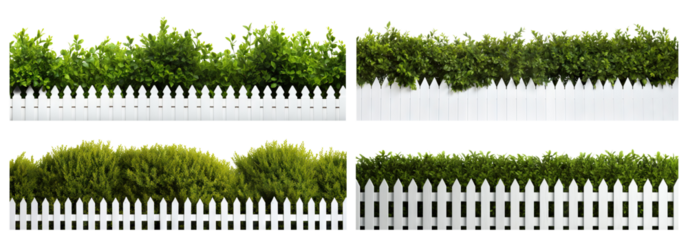 Set of lush green bushes over white picket fences, cut out