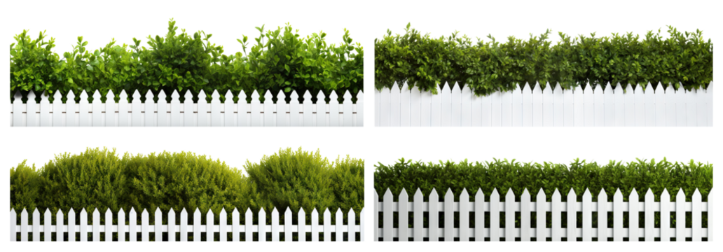 Set of lush green bushes over white picket fences, cut out