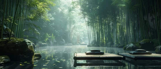 Fototapeten Zen retreat, bamboo forest, peaceful meditation space © Fokasu Art