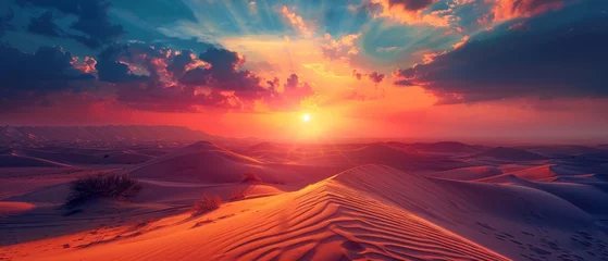 Gordijnen Adventurer on a desert safari, with a dramatic sunset over the dunes © Fokasu Art
