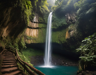 Una cascata nella giungla, lago turchese con camminata a sinistra dell'immagine