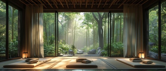 Find tranquility in a Zen retreat nestled within a bamboo forest, offering a peaceful meditation space - obrazy, fototapety, plakaty