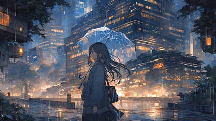 Lonely woman with umbrella in rainy fantasy city, anime illustration - obrazy, fototapety, plakaty