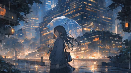 Fotobehang Lonely woman with umbrella in rainy fantasy city, anime illustration © Ameer