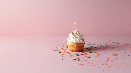 White frosted birthday cupcake with candle. Tasty, happy, delicious and sweet. Isolated on pink background. Copy space.