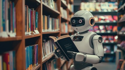 Futuristic pensive robot reading in retro school library looking surprised