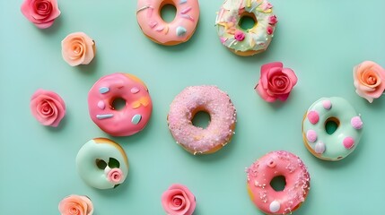 Donuts And Roses On A Pastel Mint Green Backround.Generative AI