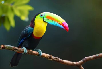A colorful toucan perches on a branch, its vibrant rainbow-colored beak contrasting with the muted background.