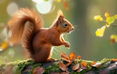 Naklejka na ściany i meble An agile red squirrel stands poised on a mossy log, surrounded by fallen autumn leaves in a soft, sunlit forest.