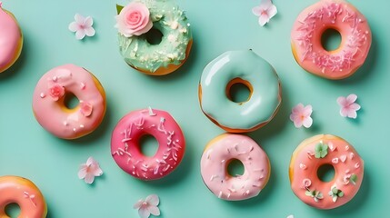 Decorated Donuts And Flowers On A Mint Green Backround.Generative AI