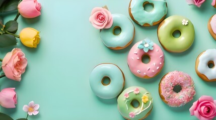 Donuts  With Sprinkles And Roses On A Pastel Mint Green Background With Copyspace.Generative AI