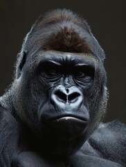 Obraz premium An emotive close-up of a gorilla with a solemn expression, set against a dark background, highlighting its thoughtful eyes and facial texture.