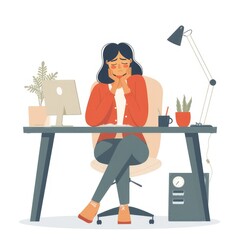 sad tired woman desk, flat design, The computer is on the table