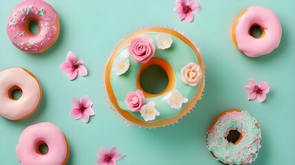 Pink Donuts Decorated With Pink Icing And Flowers On A Mint Green Background.Generative AI