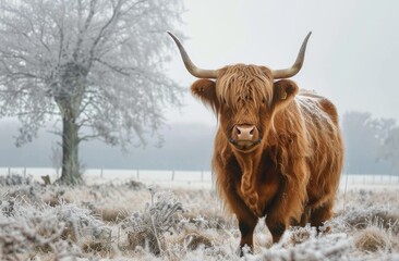 A majestic Highland cow stands in a frosty field, its shaggy coat dusted with snow, a stark tree and misty background framing the scene