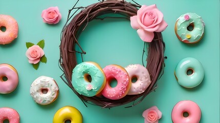 Easter Wreath Decorated With Pastel Colorful Donuts Arranged In A Circle On A Mint Green Backround. Generative AI