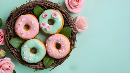Donuts In A Nest Decorated With Pink And Blue Icing With Small Flowers On Top On A Mint Green Backround With Copyspace.Generative AI