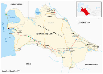 Vector road map of the Central Asian state of Turkmenistan