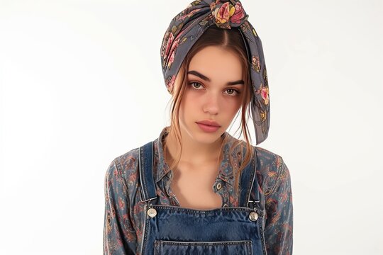 Pretty Young Woman in Floral Headscarf and Denim Overalls photo on white isolated background