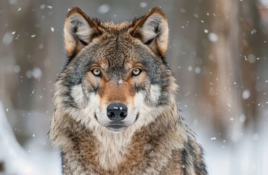 A focused wolf with piercing eyes stands amid gently falling snow, a picture of wild resilience.