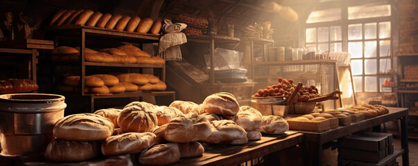 Traditional bakery shop with assortment of bread. banner - obrazy, fototapety, plakaty