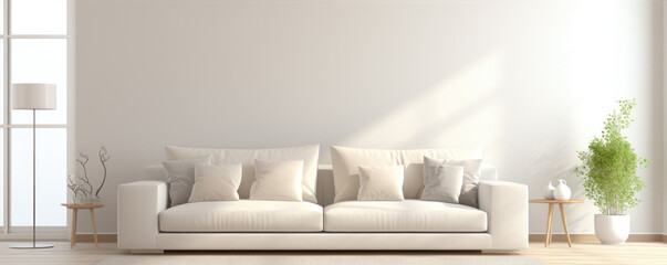 Modern living room interior with bright creamy sofa, white wall background - obrazy, fototapety, plakaty