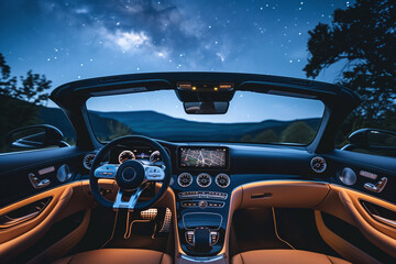 Night drive on cabriolet with quit luxury salon under stars. Soft leather upholstery provides sense of comfort and relaxation. Magical journey
