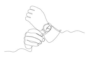 Continuous single line sketch drawing of people hand wearing wrist watch. One line art of businessman looking time on his watch vector illustration