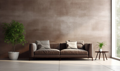 Modern living room interior with bright creamy sofa