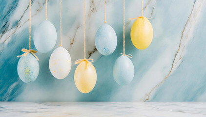Pastelowe tło wielkanocne, wiszące kolorowe jajka. Dekoracja świateczna - obrazy, fototapety, plakaty