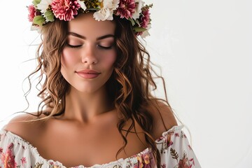 Pretty Young Woman in Flowy Boho Dress with Flower Crown photo on white isolated background