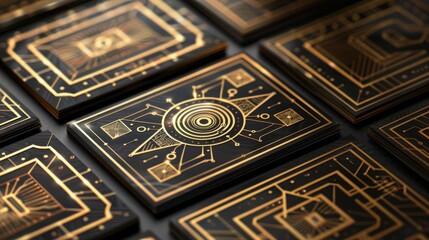 array of intricately designed cards, each adorned with golden geometric patterns against a dark background, exuding an aura of mystery and elegance