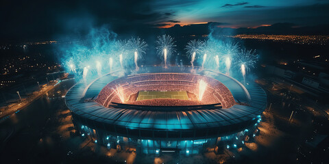 A large modern football stadium with fireworks. - obrazy, fototapety, plakaty