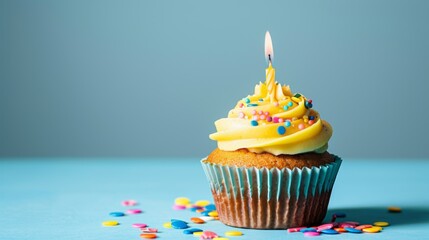 Yellow frosted birthday cupcake with candle. Tasty, happy, delicious and sweet. Isolated on blue background. Copy space.